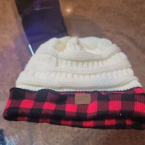 Cozy Kids' Cream and Red Plaid Beanie